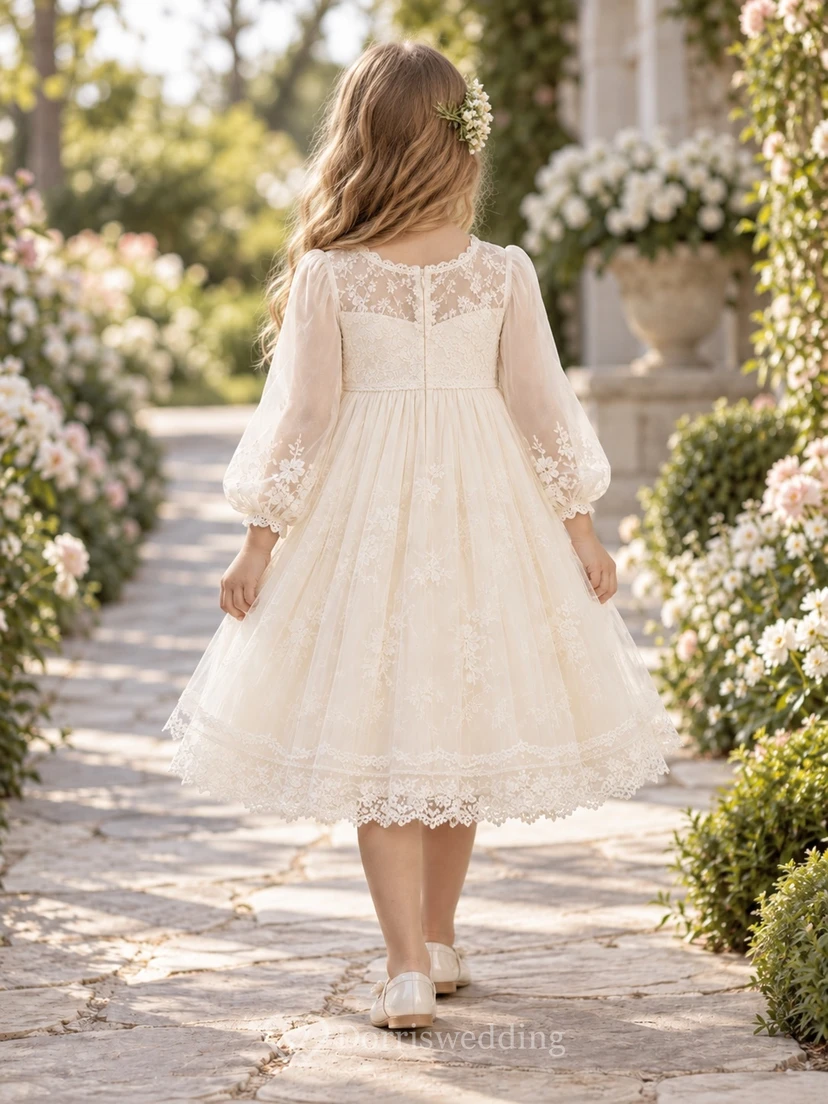 Tea-length Long Sleeve Cream Floral Scalloped Scoop Illusion Bishop Cuff Gathered Lace Border Flowergirl Dress view 2