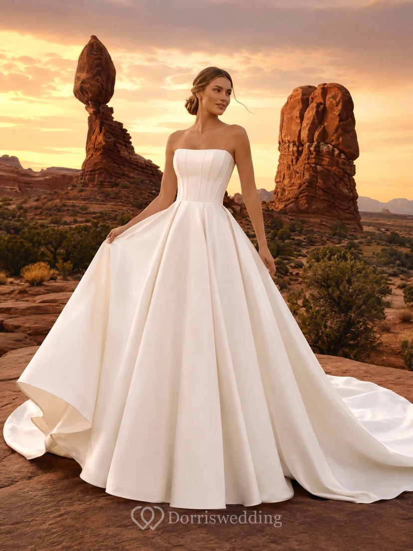 Robe de bal bustier plissée en satin avec traîne chapelle, robe de mariée canyon