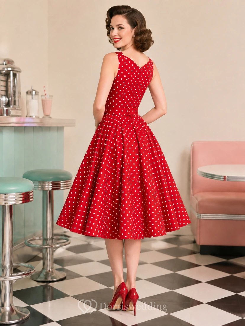 Vestido de cóctel vintage rojo de lunares, sin mangas, de algodón, corte en A, largo hasta la rodilla view 2