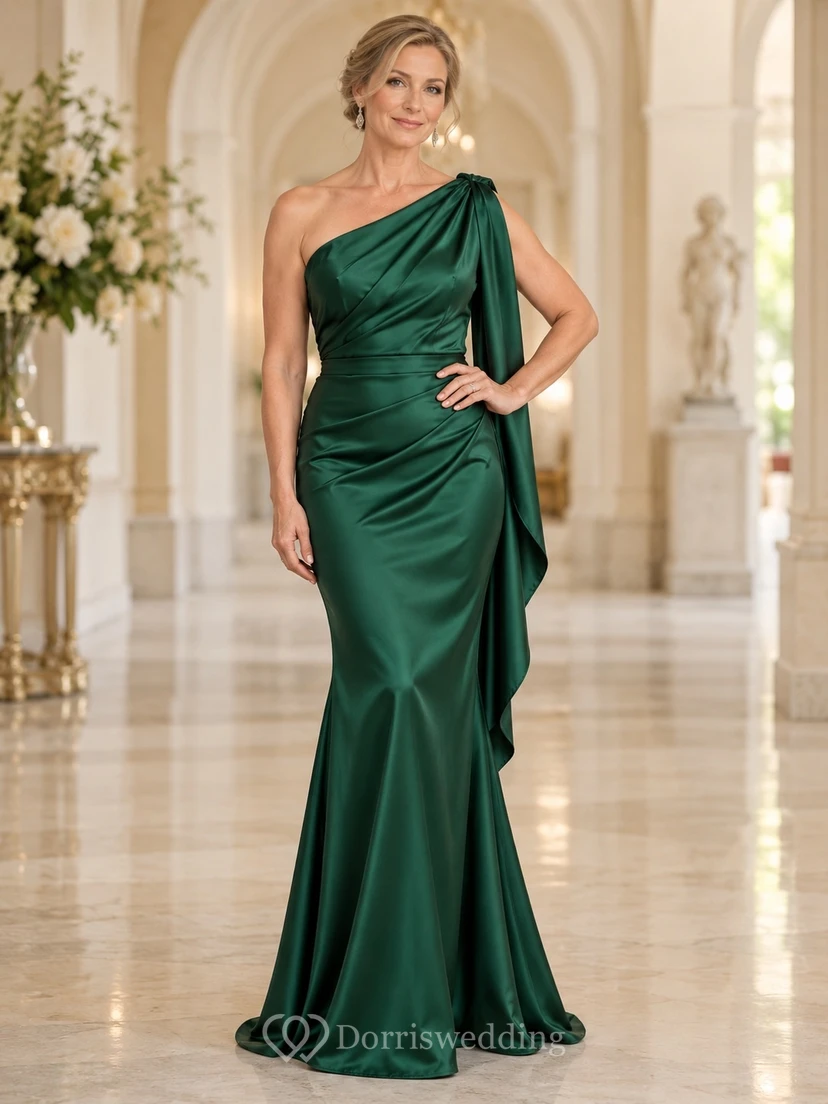 Robe de soirée sirène vert émeraude, asymétrique, drapée en satin, longueur au sol, avec empiècement d'épaule.