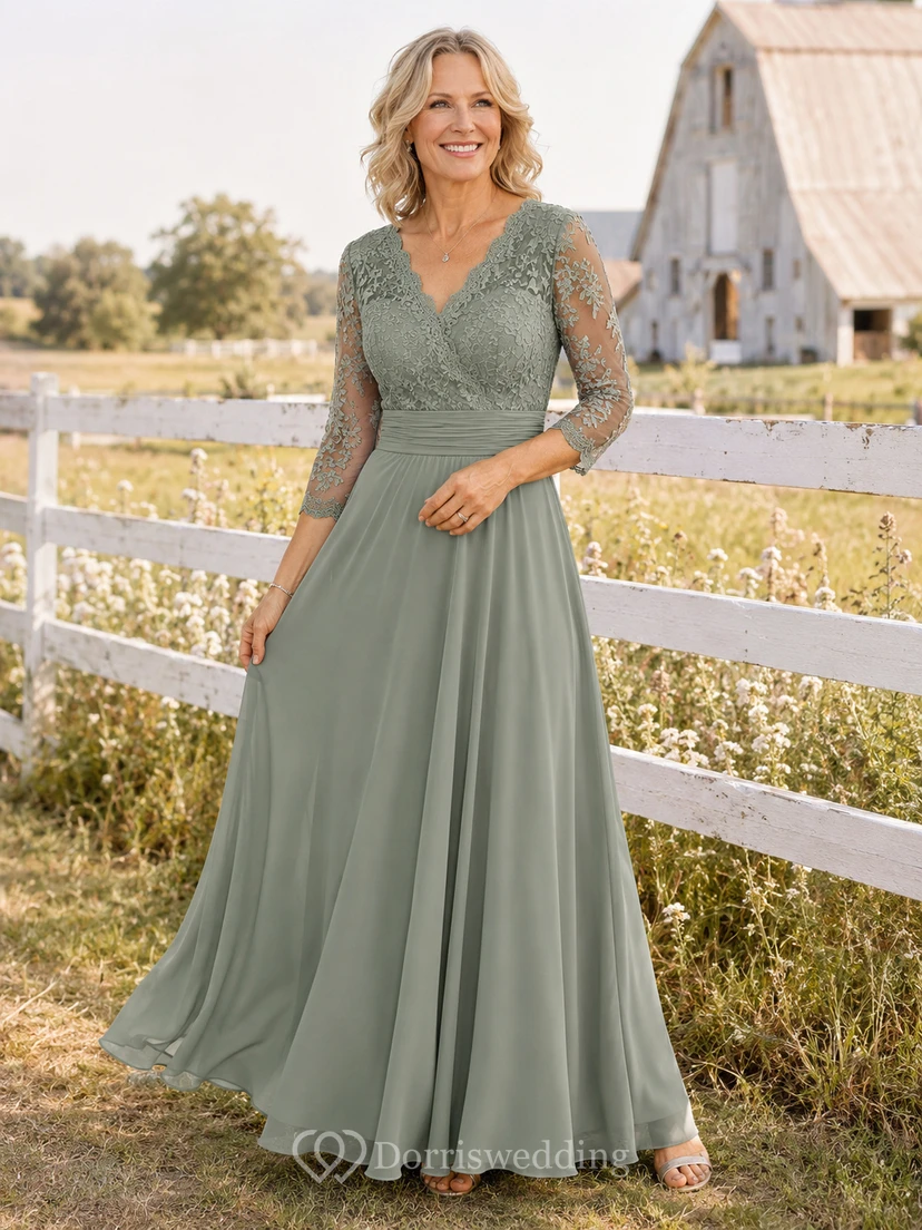 Rustikales, salbeigrünes Chiffon-Kleid in A-Linie, bodenlang, mit V-Ausschnitt und Dreiviertel-Spitzenärmeln