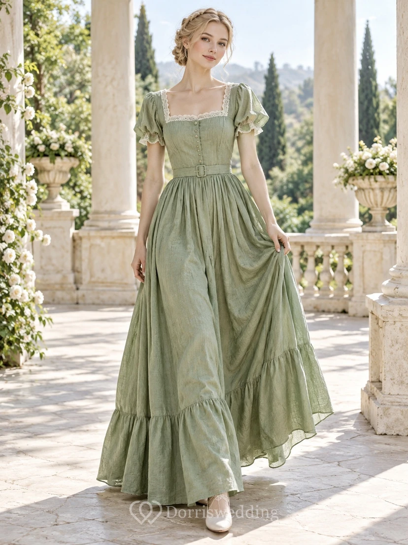 Victorian Modest Sage Square Neck Puff Sleeve Full Skirt Dress