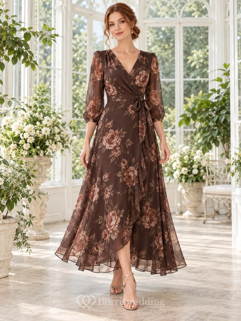 Vestido de invitada de gasa largo hasta el suelo con escote en V cruzado y mangas tres cuartos, estampado de rosas de chocolate