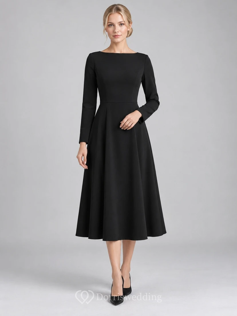 Robe de deuil noire simple et modeste à manches longues, coupe trapèze et longueur thé, style bateau, à encolure bateau