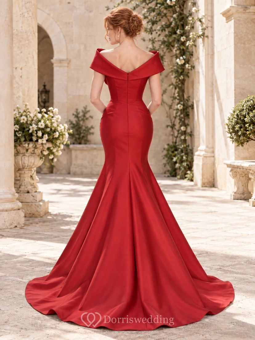 Vestido de novia de satén rojo, sin mangas, con escote de hombros descubiertos, cuello cruzado y cola de trompeta, largo hasta el suelo. view 2