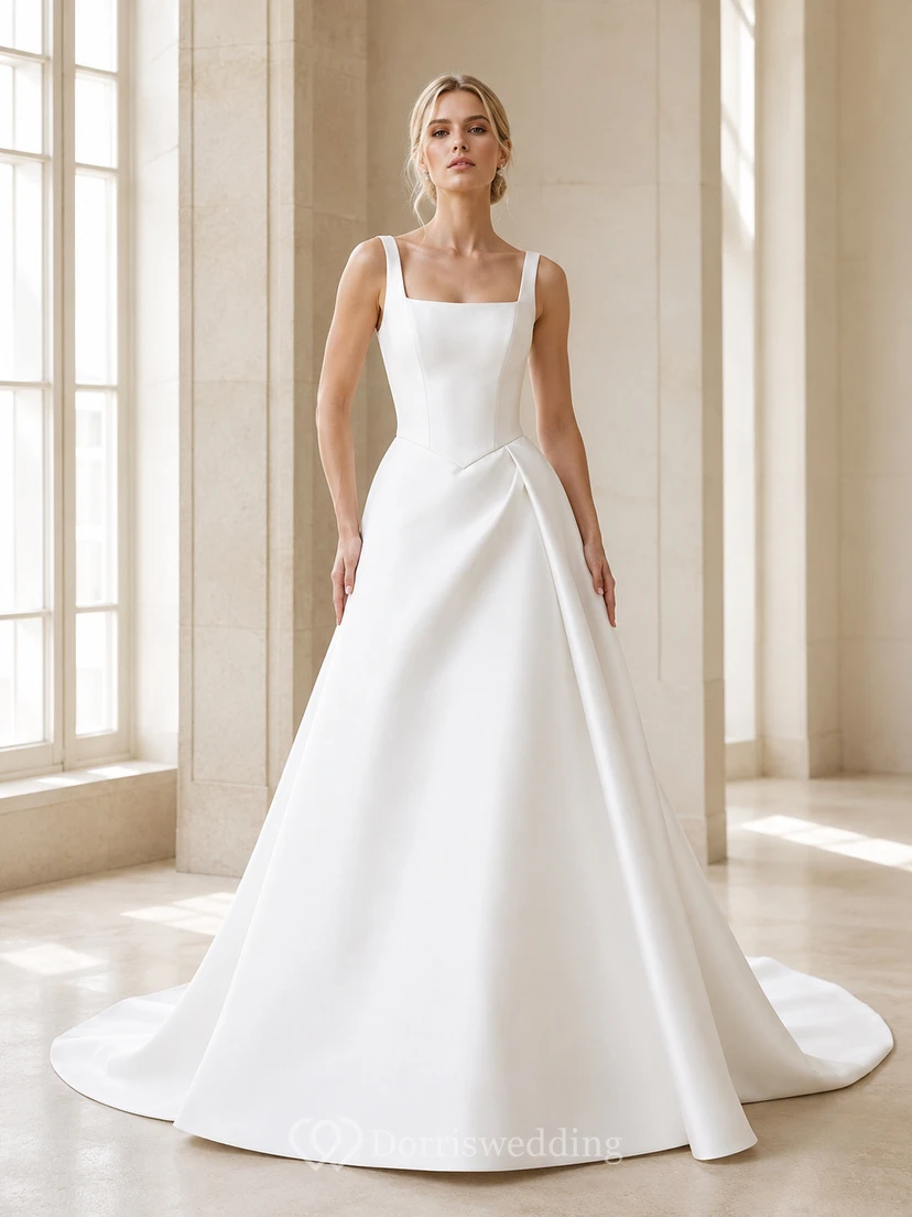 Robe de mariée sculpturale en satin, bretelles carrées, sans manches, coupe trapèze, traîne courte, plissée, style années 80