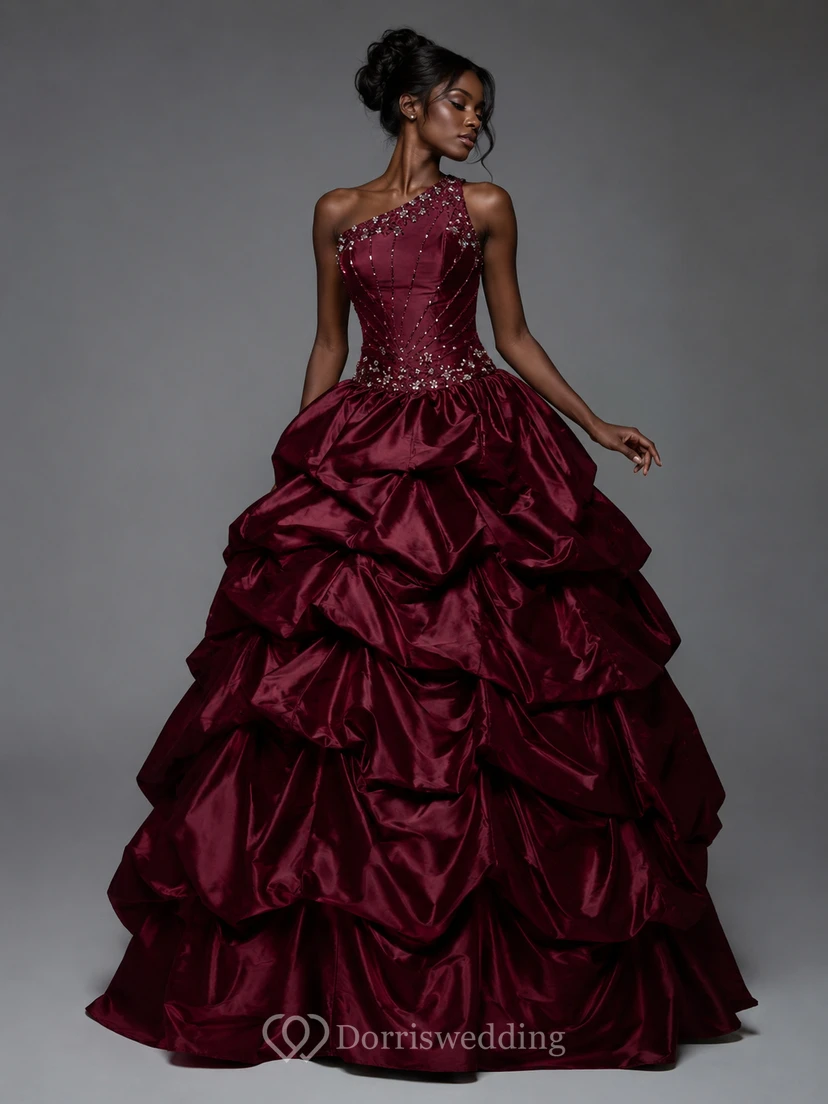 One-shoulder Ballgown With Ruffles and Beadings view 5