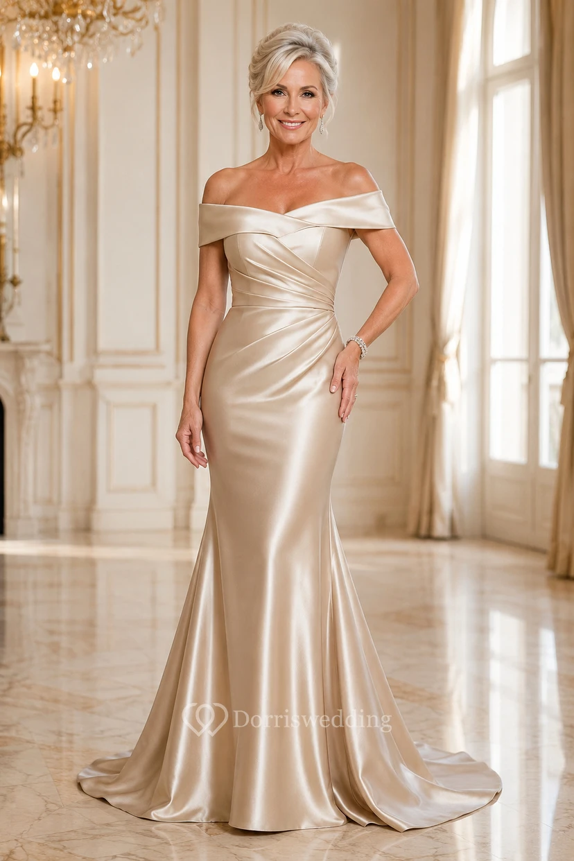 Champagnerfarbenes, schulterfreies Meerjungfrauen-Kleid aus Satin mit Schleppe
