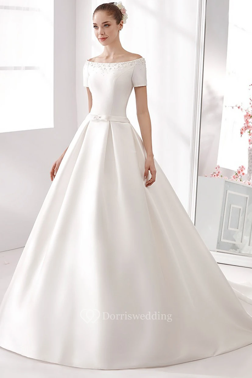 Off-Shoulder A-Line Satin Wedding Dress With Beaded Details And Little Bow Sash