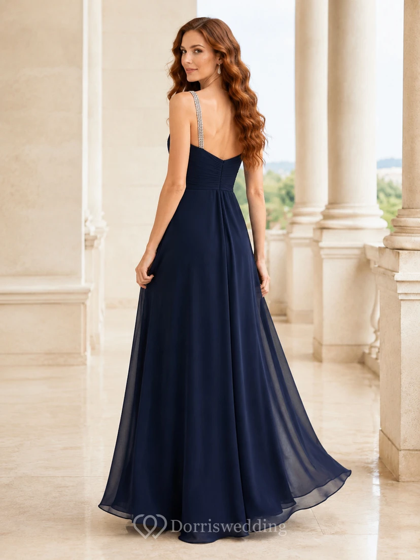 Dark Navy Crystal Strap Chiffon A Line Evening Dress view 2