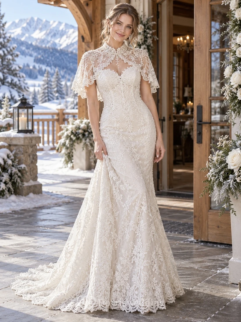 Kurzes, hochgeschlossenes Meerjungfrauen-Hochzeitskleid aus floraler Spitze mit kurzem Cape