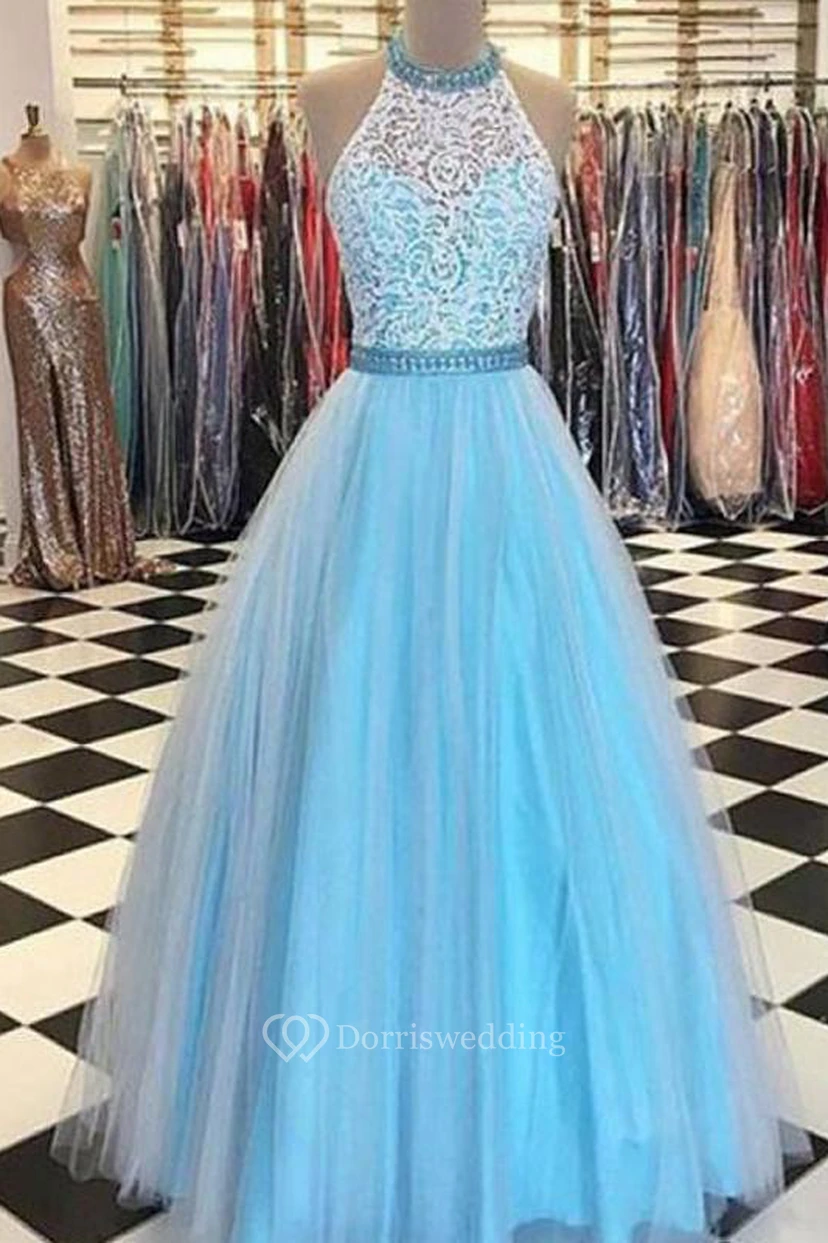 A-Line Lace Tulle High Neck Sleeveless Zipper Dress