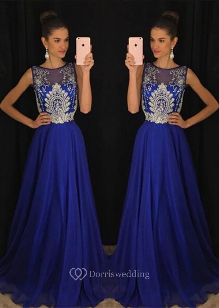 Gorgeous Dark Royal Blue Sleeveless Evening Dresses Long Chiffon With Appliques Beadings