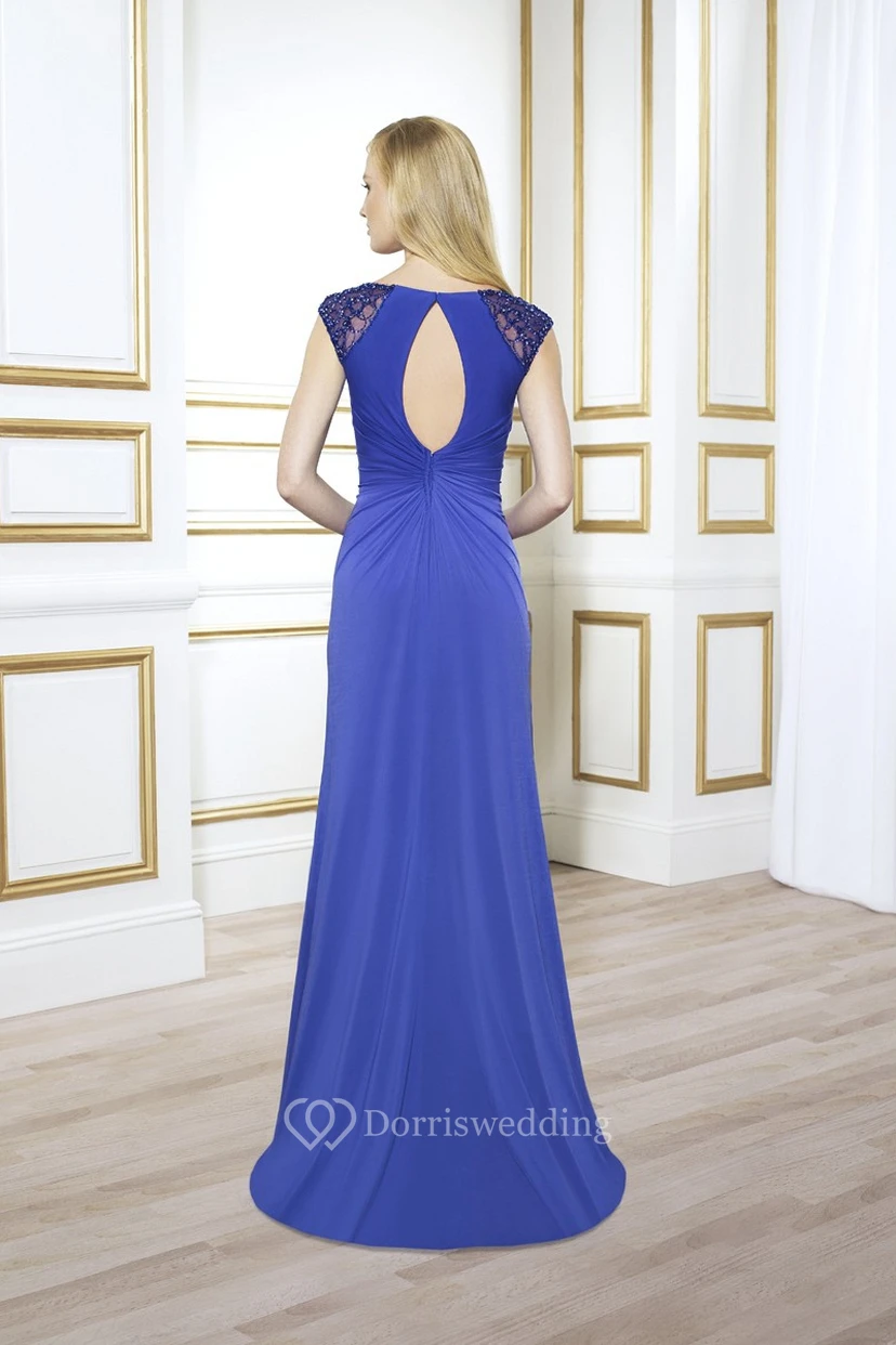 Sheath Cap-Sleeve Long Scoop Beaded Formal Dress With Keyhole Back And Ruching view 2
