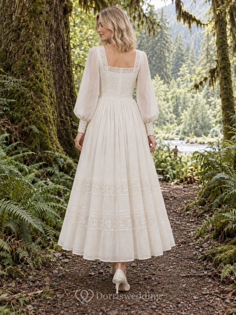 Vestido de novia vintage de corte A con mangas largas, cuello cuadrado y volantes, largo hasta la rodilla, de voile de algodón. view 2