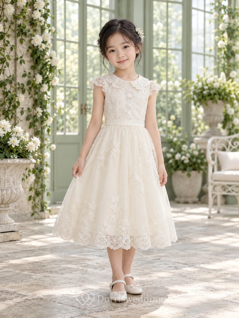 Tea-length Vintage Ivory A-line Floral Lace Collared Cap-sleeve Flower Girl Dress