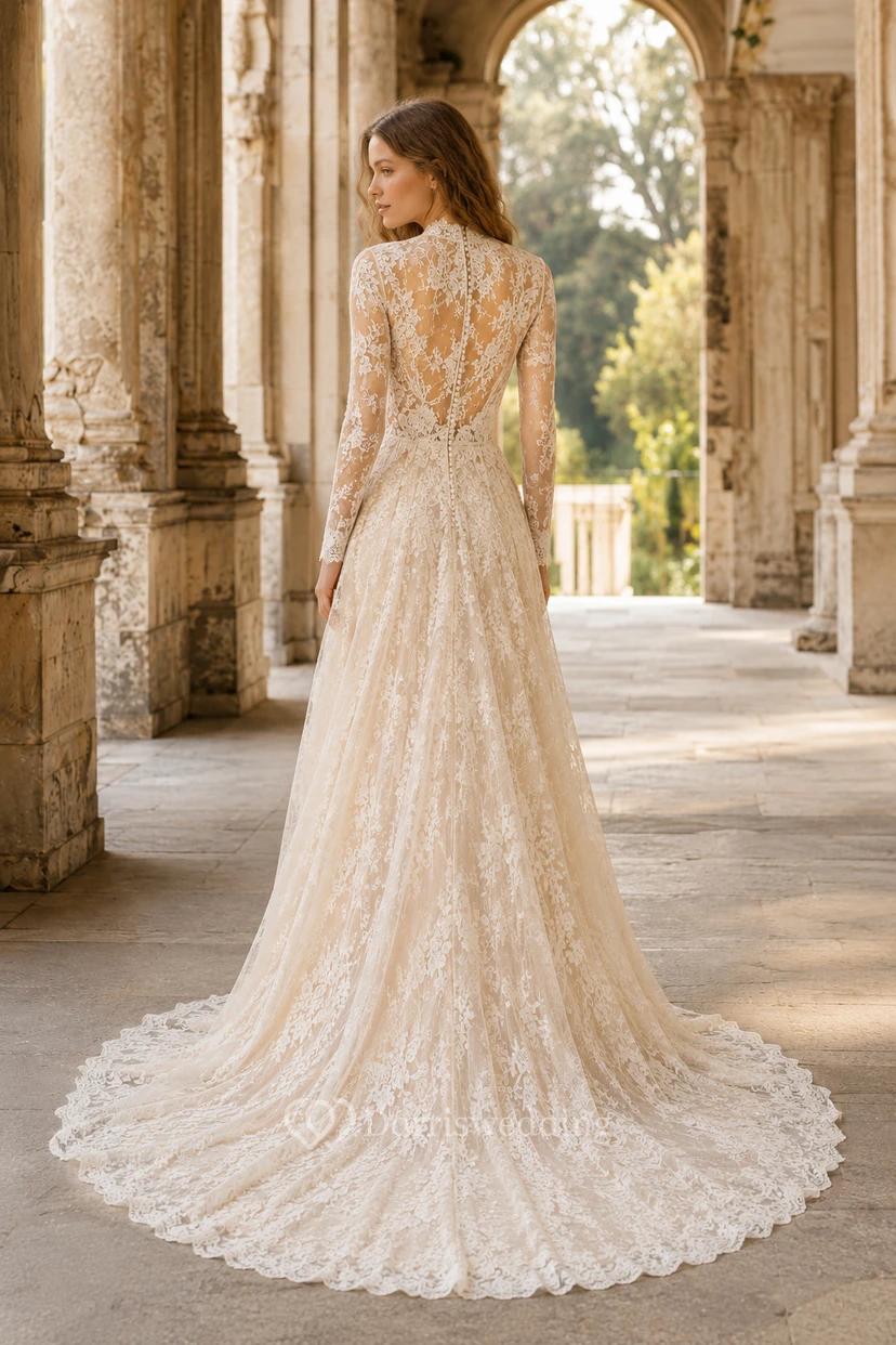 Brautkleid in A-Linie aus Spitze mit langen Ärmeln, hohem Kragen und Kapellenschleppe view 2