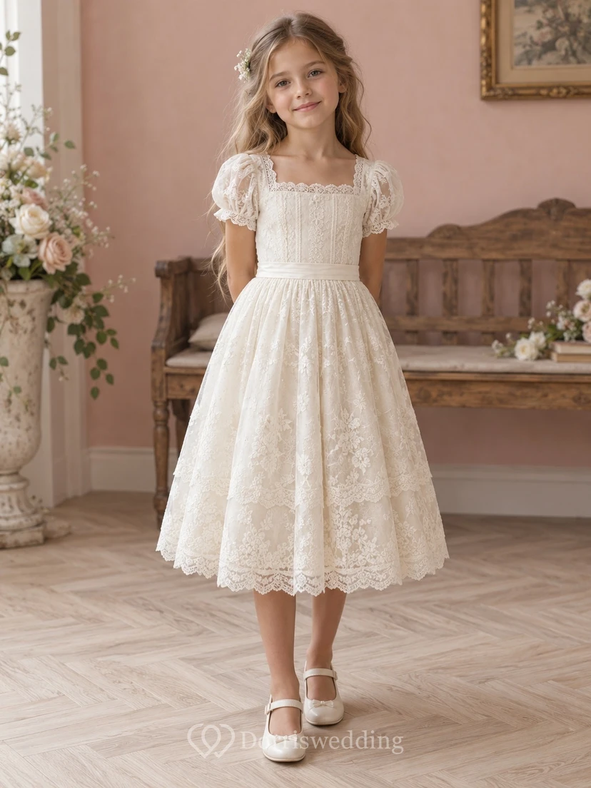 Vintage Tea-length Square Neck Ivory Puff Sleeve A-Line Tiered Scalloped Lace Pleated Sash Flowergirl Dress