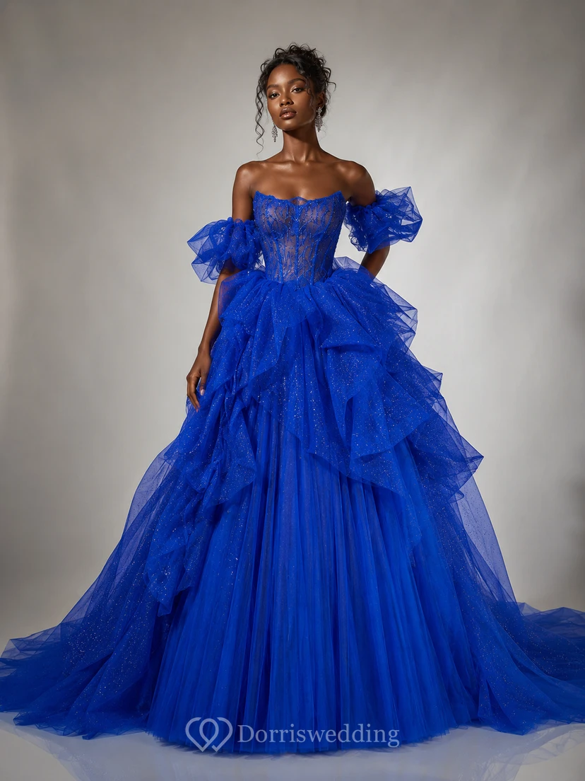 Robe de bal bleu clair à manches volantées view 5