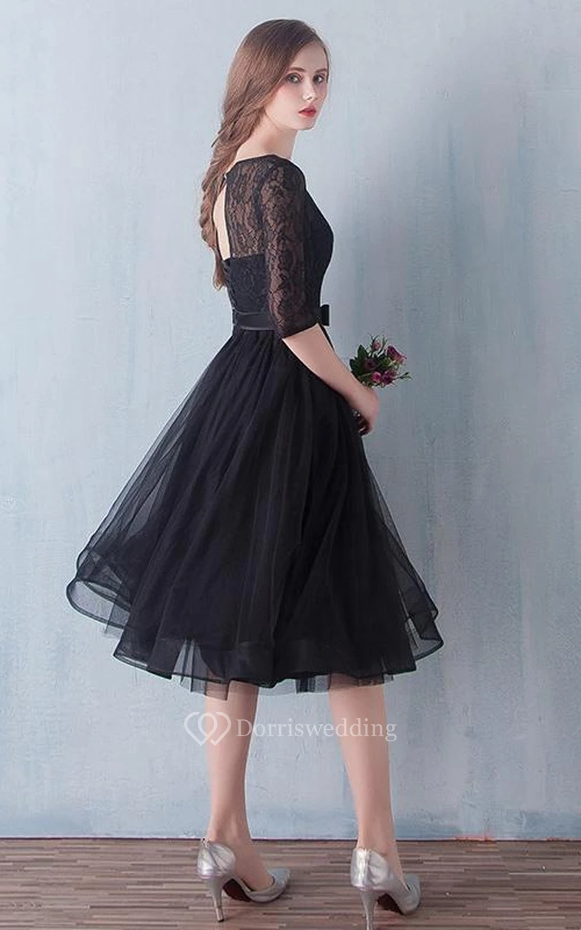 A-Line Scoop Half Sleeves Lace Sashes Tea-Length Prom Dress view 3