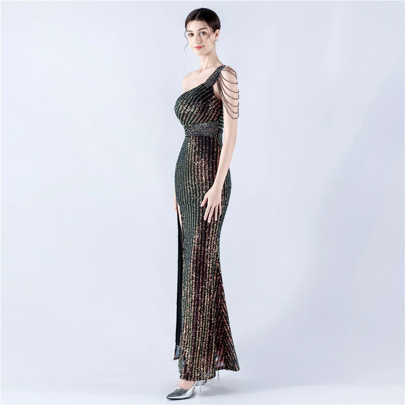 Heavy Beaded One-Shoulder Oblique Collar High Fork Sequin Dinner Dress view 5