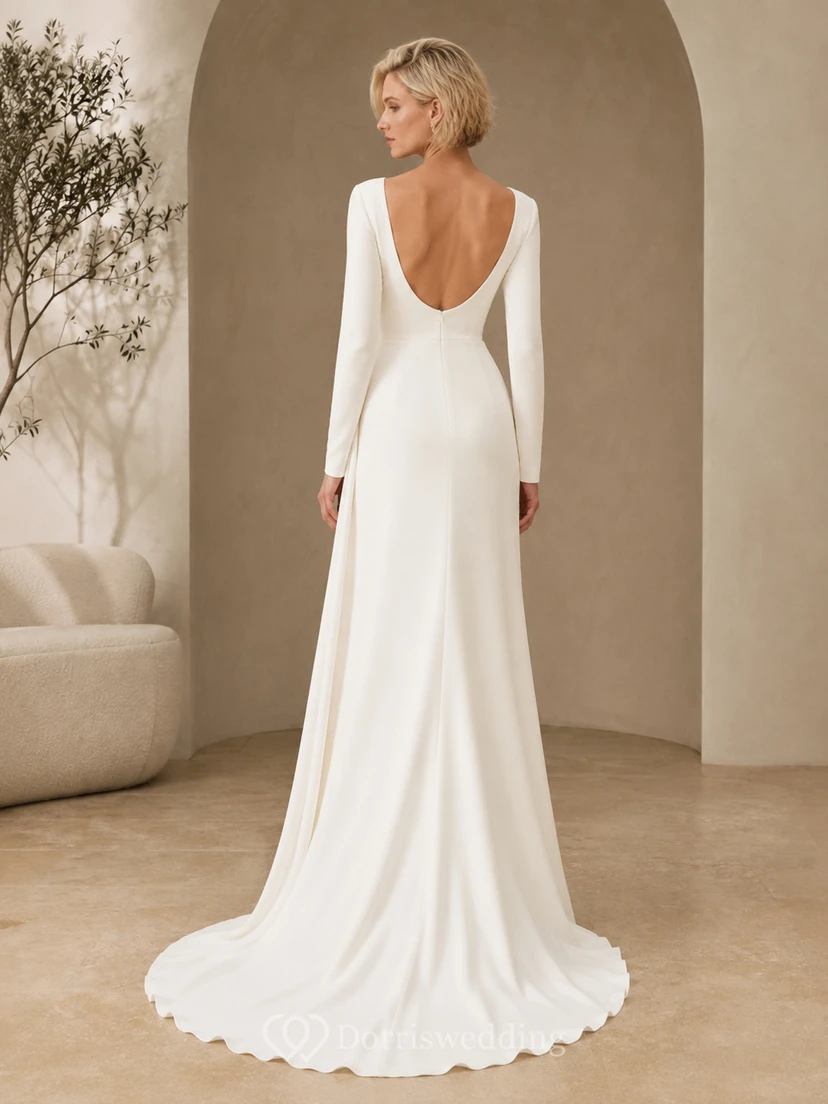 Brautkleid mit Bateau-Ausschnitt, langen Ärmeln, seitlicher Drapierung, Satin-Etui-Stil und tiefem V-Ausschnitt view 2