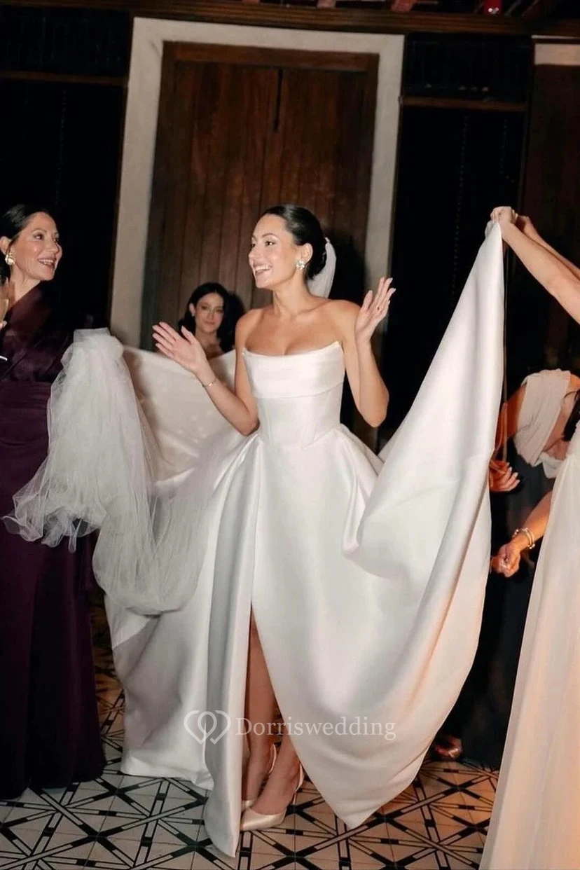 White Strapless Satin Wedding Gown
