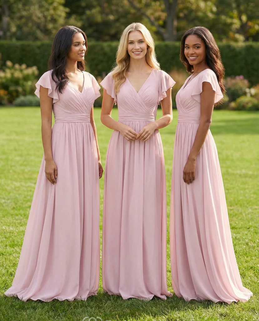 White Chiffon Butterfly Sleeve Bridesmaid Gown