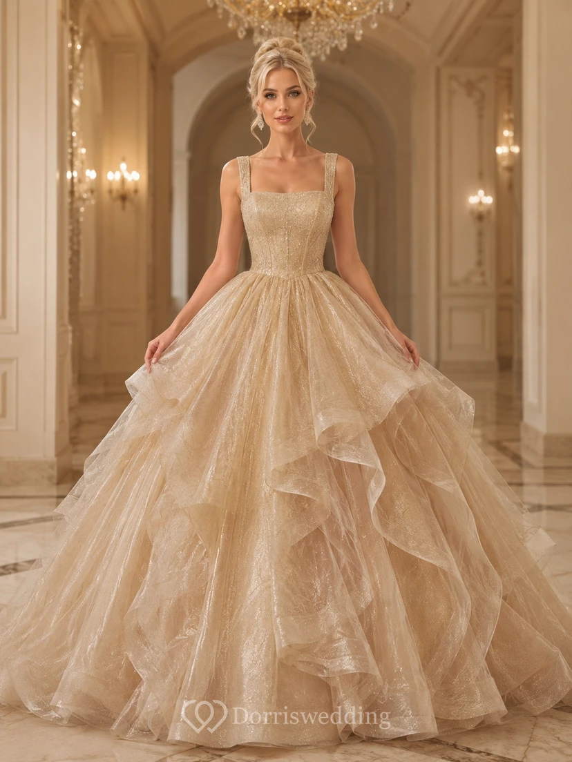 Champagne Metallic Organza Tiered Ruffle Strap Floor-Length Luxury Quinceanera Ball Gown