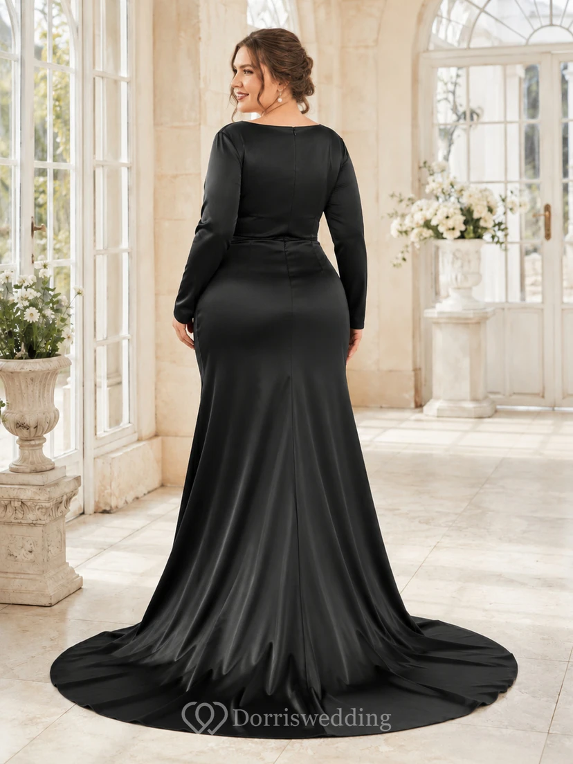 Vestido de novia de talla grande negro con escote en V, manga larga, fruncido, satén y cola larga. view 2