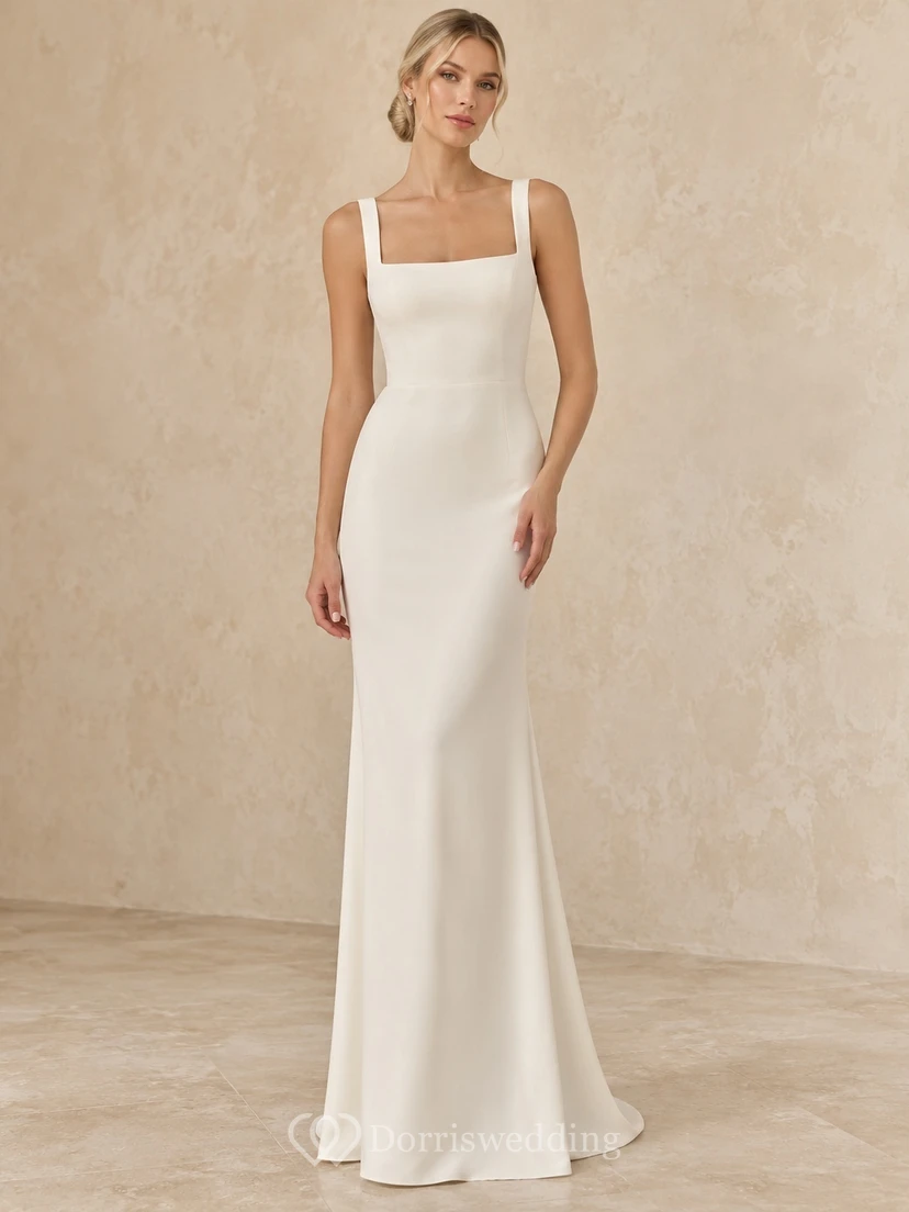 Square Neck Simple Civil Sleeveless Fitted Floor Length Bridal Gown