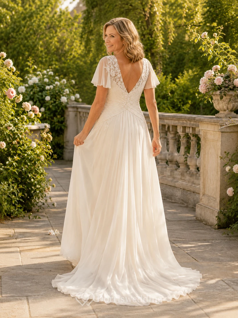 Romantic V Neck Chiffon Wedding A Line Empire Flutter Sleeve Sweep Train view 2