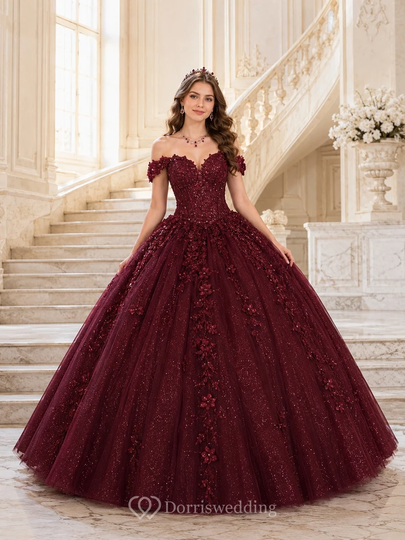 Burgundy Quinceanera Regal Ball Gown Off-the-shoulder Lace Short Sleeve Floor-length Romantic Dress