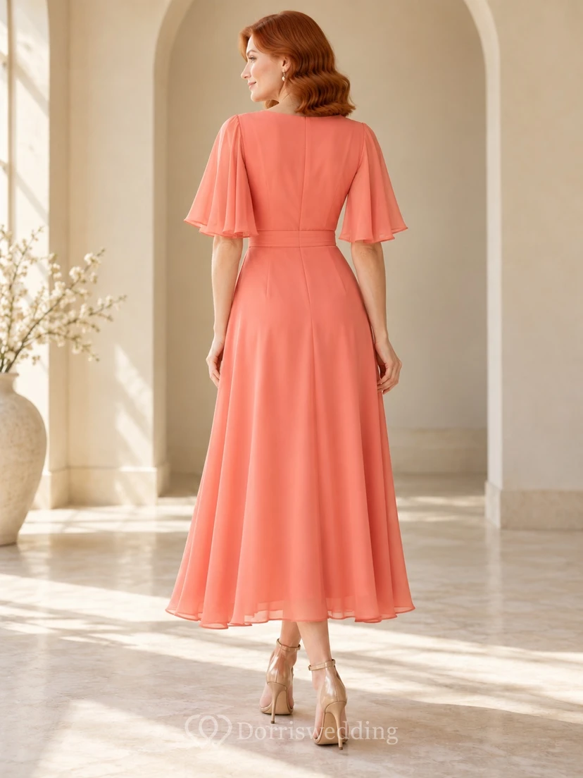 Coral Wrap V Elbow Cape Sleeve Ankle Wedding Guest Dress view 2