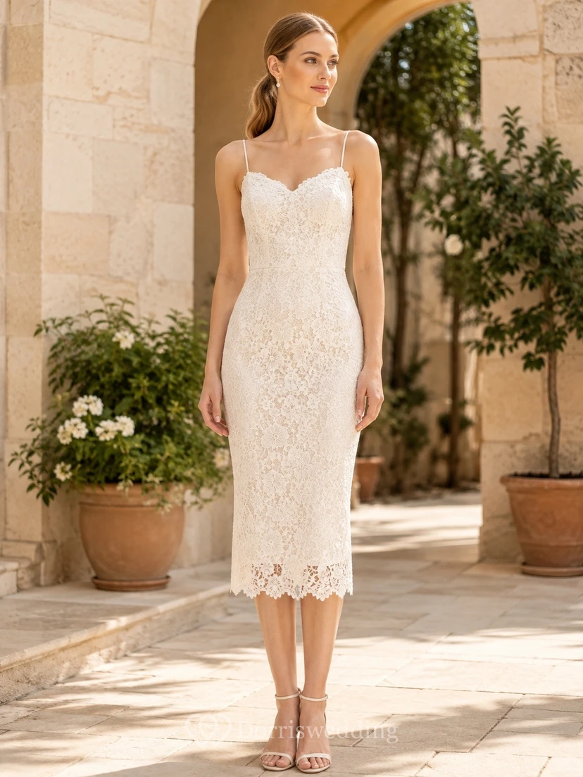 Ivory Lace Spaghetti Strap Sheath Tea-length Cocktail Dress