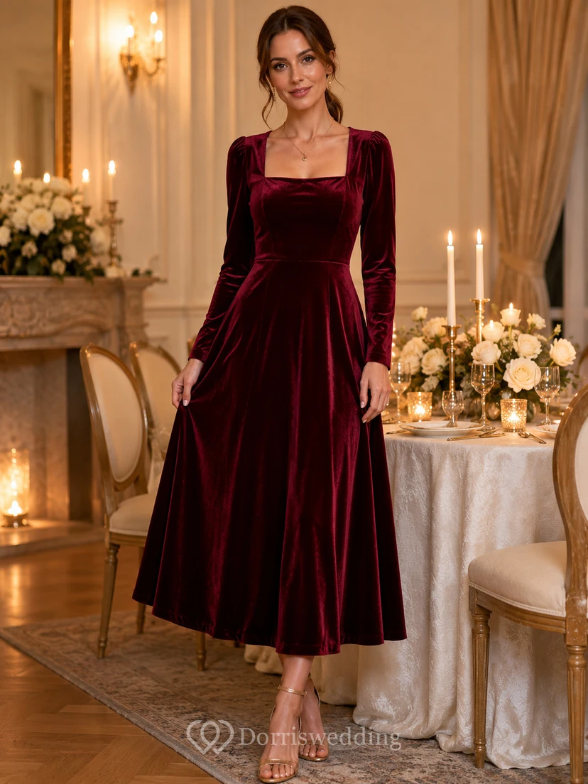 Robe midi trapèze à manches longues et col carré en velours bordeaux