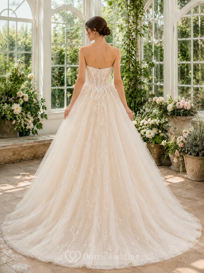 Tüll-Hochzeitskleid, A-Linie, V-Ausschnitt, ärmellos, Kapellenschleppe view 2