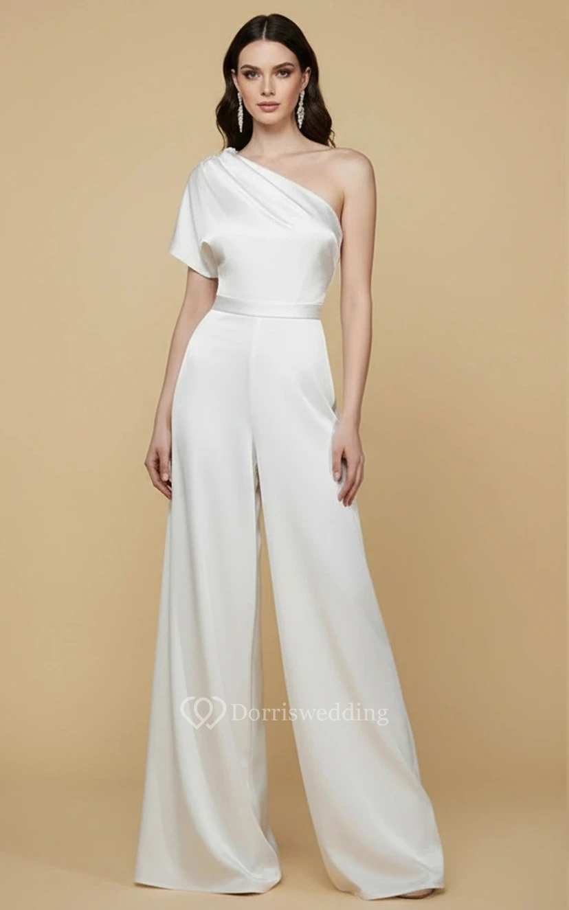 One Shoulder Small Sleeve Satin Wide Leg Wedding Jumpsuit