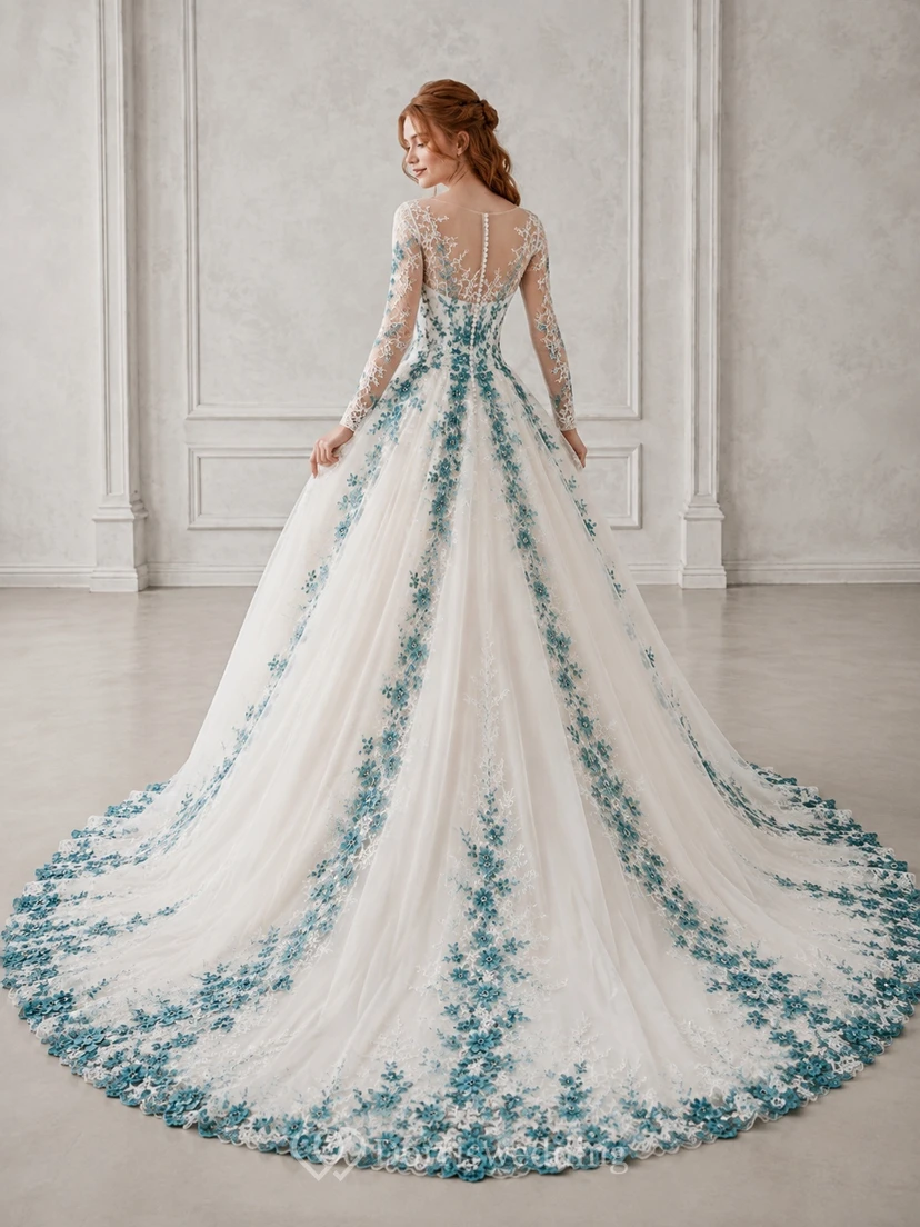Türkisfarbenes, romantisches Brautkleid in A-Linie mit V-Ausschnitt, langen Ärmeln, Spitze und floralem Muster view 2