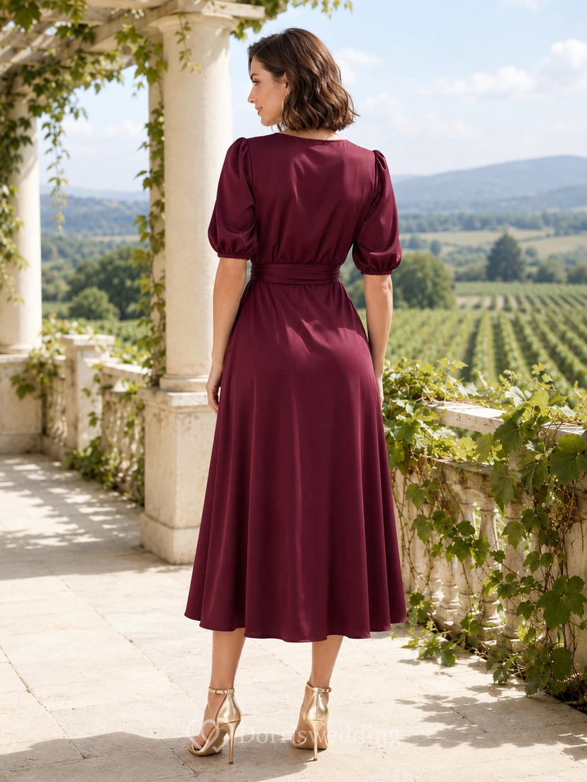Burgundy V Neck Puff Sleeve Satin Wrap Midi Guest Dress view 2