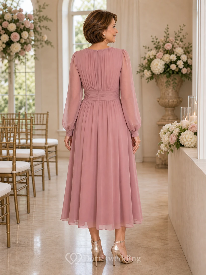 Jewel Neck Long Sleeve Chiffon Tea-Length Dress view 4