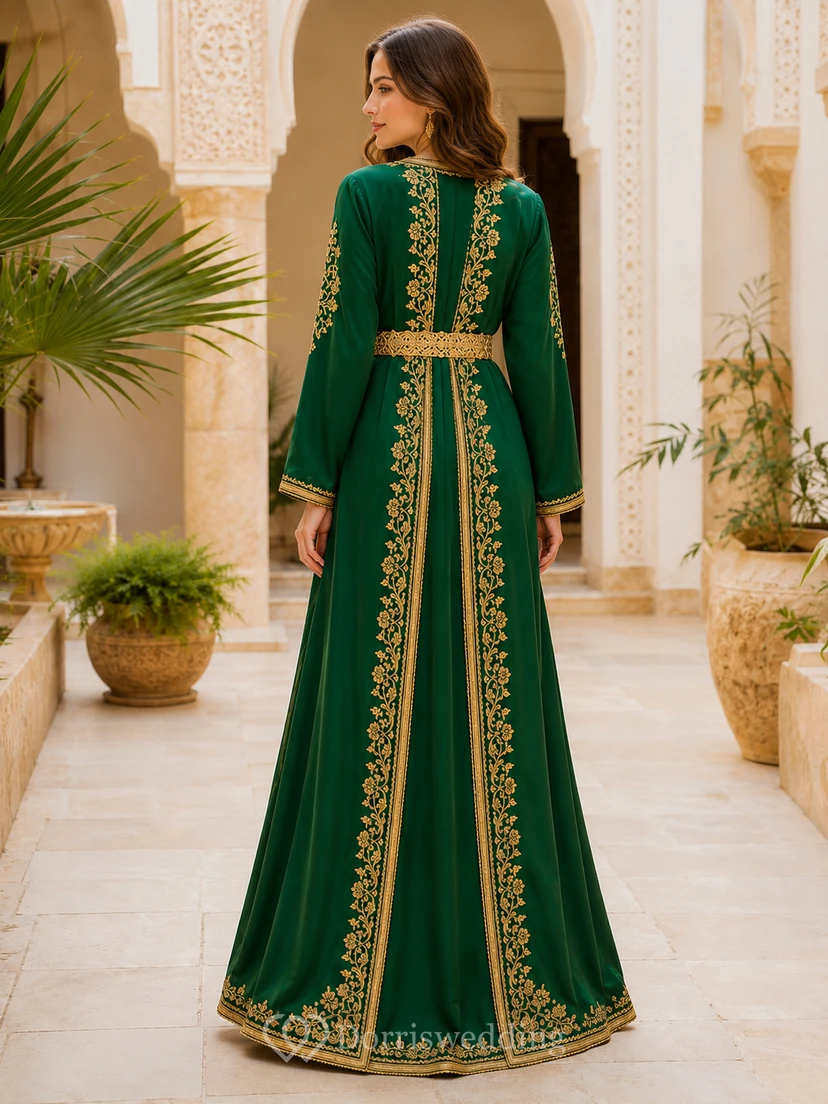 Emerald Satin Takchita A Line Floor Length V Neck Gold Embroidered Long Sleeve Dress view 2