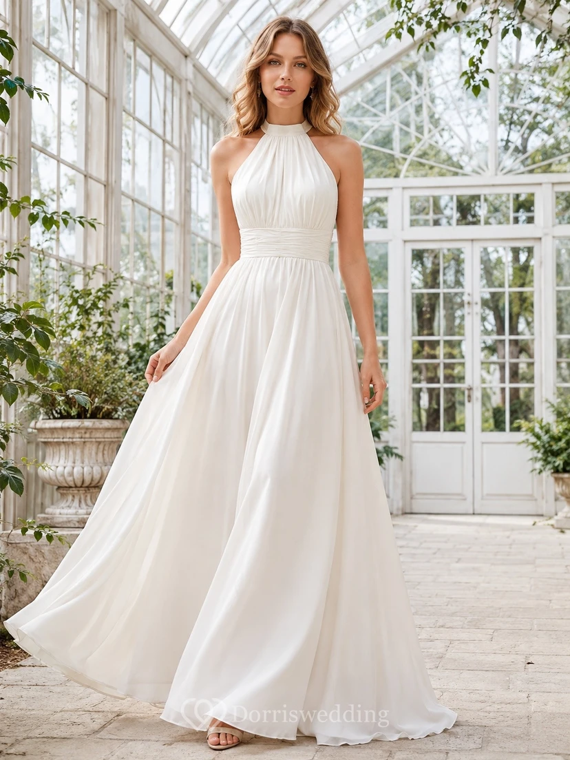 Bridal Romantic Strappy Satin Sleeveless A-Line Sweep-Train Wedding Dress
