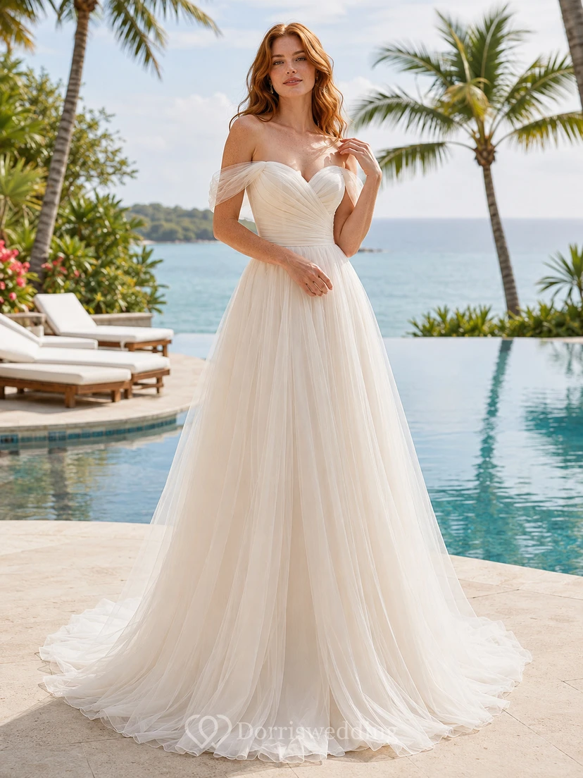 Schulterfreies Brautkleid aus weichem Tüll im A-Linien-Schnitt