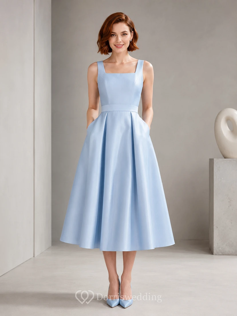 Sky Blue Scoop Neck Mikado A-Line Cocktail Dress