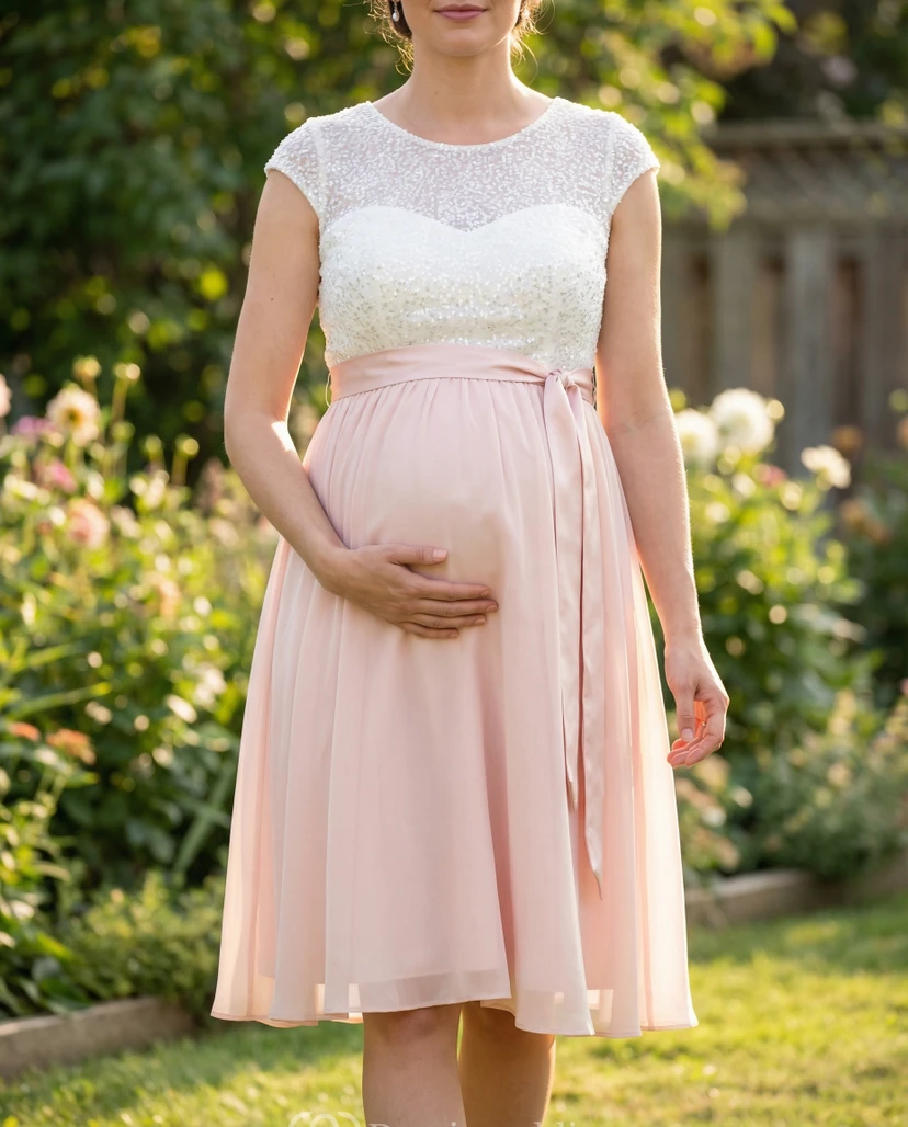 Vestido de dama de honor premamá con corpiño de encaje, mangas cortas y falda de gasa color rosa empolvado.