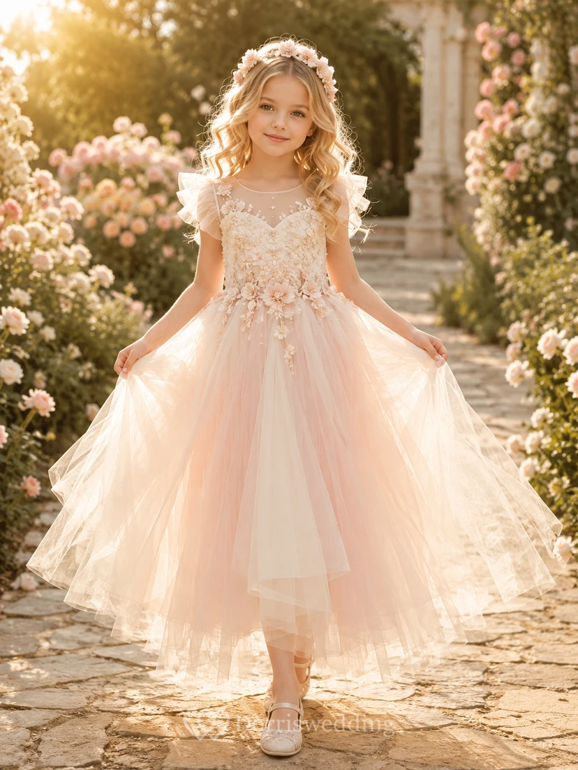 Vestido de niña de las flores color champán, encaje y tul, corte en A, mangas con volantes, escote redondo, largo midi.