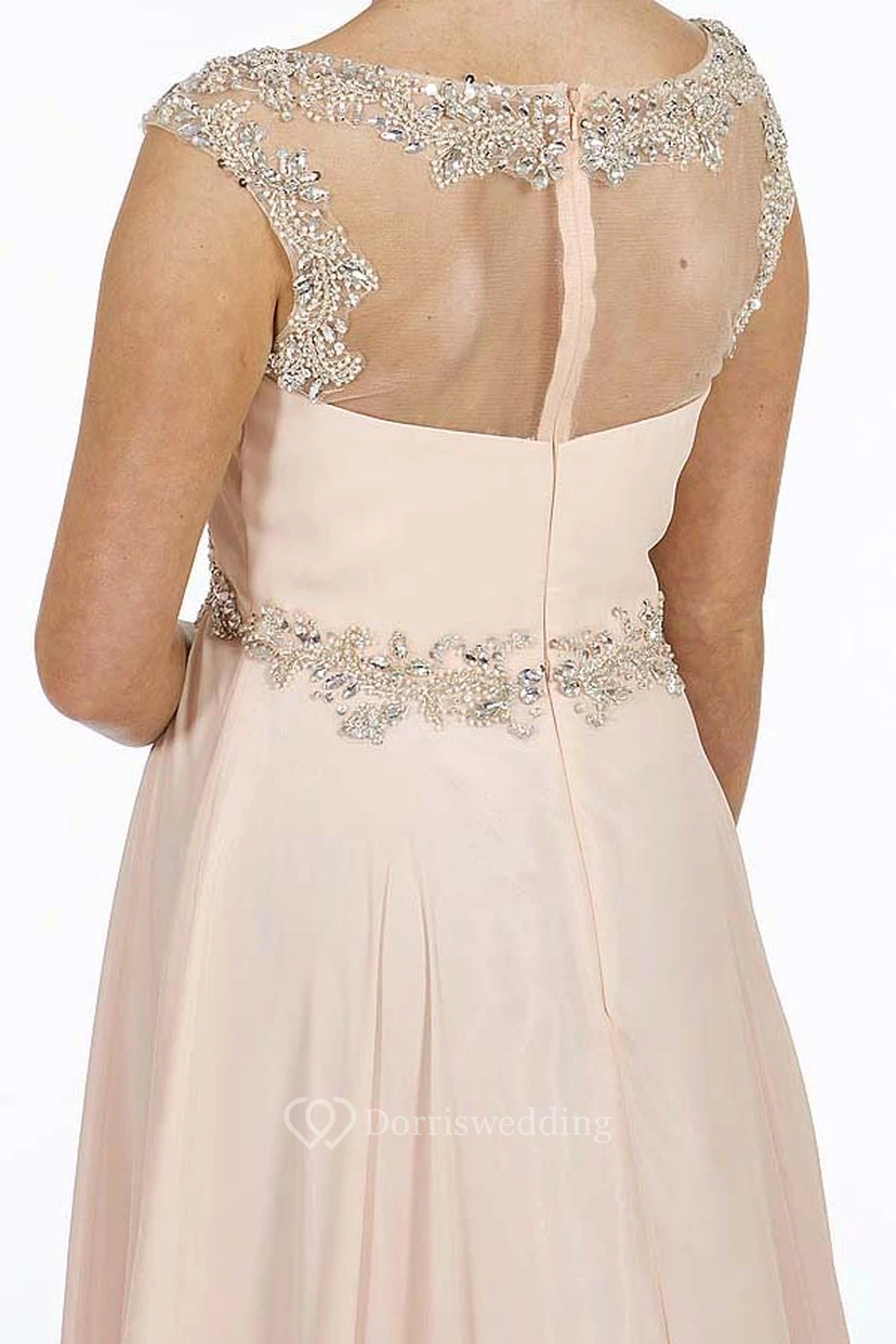A-Line Empire Scoop Floor-Length Cap-Sleeve Beaded Chiffon Prom Dress With Waist Jewellery And Ruching view 3