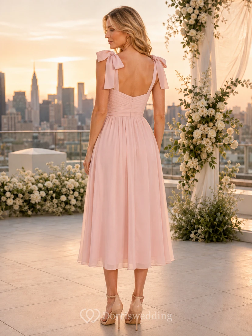 Blush Sweetheart Bow Strap Chiffon Tea Length Guest Dress view 2