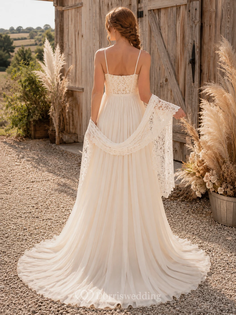 Brautkleid aus Spitze und Tüll, A-Linie, V-Ausschnitt, ärmellos, Kapellenschleppe view 2